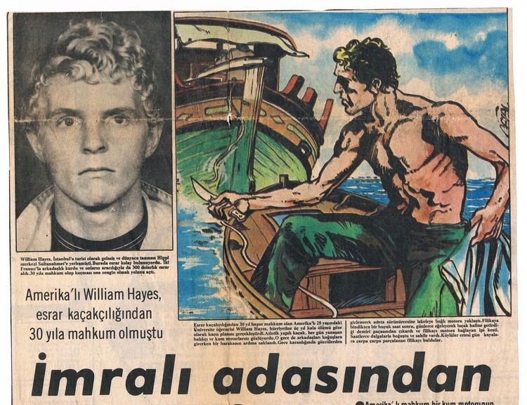 On the left, Billy Hayes featured in a newspaper while, on the right, a fisherman and a sand boats