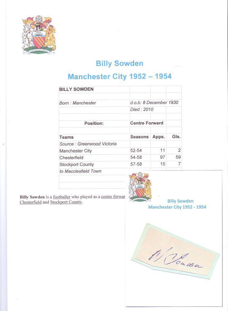 Billy Sowden BILLY SOWDEN MANCHESTER CITY 19521954 RARE ORIGINAL HAND SIGNED