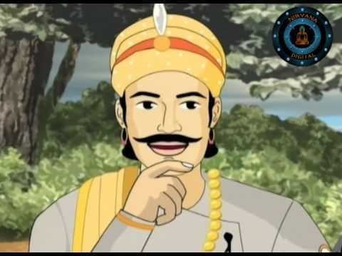 An illustration of Birbal smiling with a mustache and his right hand touching his chin with trees in the background, wearing a gold necklace, earrings, gold bracelet, and an orange and yellow turban gray clothing