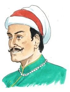 An illustration of Birbal smiling with a side view pose, has a  mustache, wearing a bead necklace, and a red and white hat and a green chinese collar top