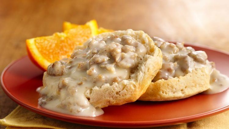 Biscuits and gravy Unbeatable Sausage Gravy and Biscuits recipe from Pillsburycom