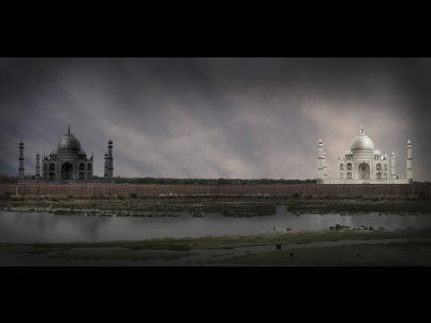 An image representation of Shah Jahan's intention to build his own tomb to be of a similar design to the Taj but in black marble, in a garden on the opposite side of the Yamuna river, and connected to the tomb of his consort by a bridge.