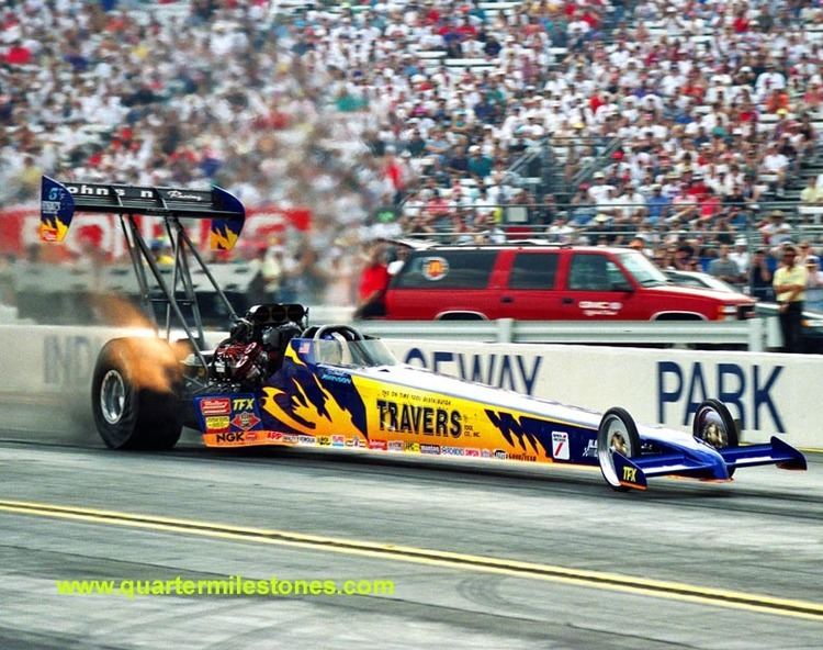 Blaine Johnson driving his racing car on fire during the NHRA U.S. Nationals in Indianapolis in 1996.