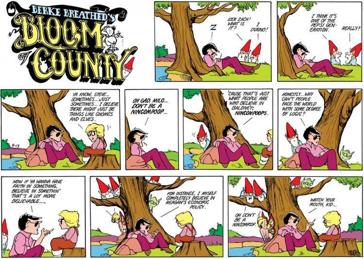 Steve Dallas and Milo talking with some elves eavesdropping on a page of the comic strip "Bloom County"