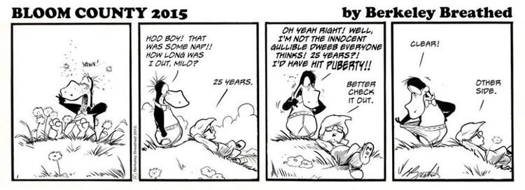 Opus the Penguin and Milo talking about puberty in a page of the comic strip "Bloom County"