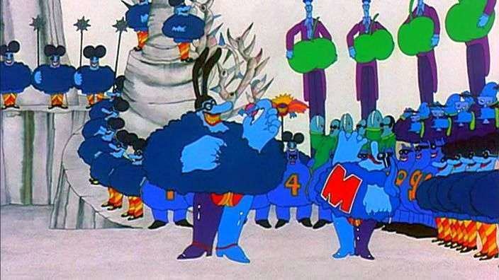 Scene from Blue Meanies (Yellow Submarine), a fictional army of fierce though buffoonish music-hating beings.