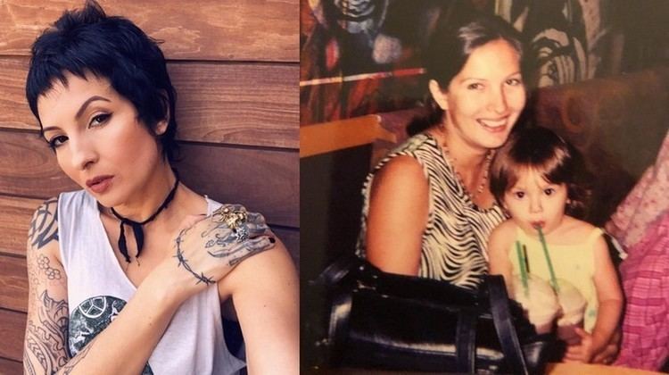 Bobbi Jo Black looking fierce and wearing a white sleeveless blouse exposing her tattoos while on the right is Bobbi Jo Black with her mother during her childhood
