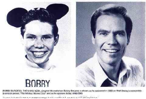 On the left, Bobby Burgess smiling and wearing a mickey mouse headband. On the right, Bobby Burgess smiling and wearing a white polo shirt.