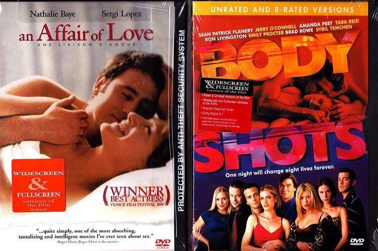 On the left, DVD cover of "An Affair of Love" featuring Nathalie Baye and Sergi Lopez lying on the bed. On the right, the DVD cover of "Body Shots" featuring the main cast.