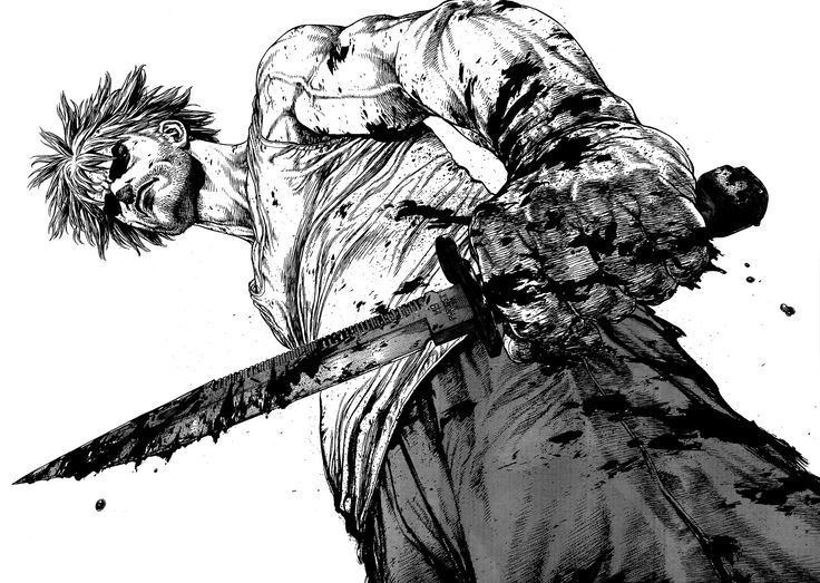Sun-Ken Rock, a Japanese manga series written and illustrated by Boichi. Ken is with an angry face while holding a knife and wearing a sleeveless shirt.