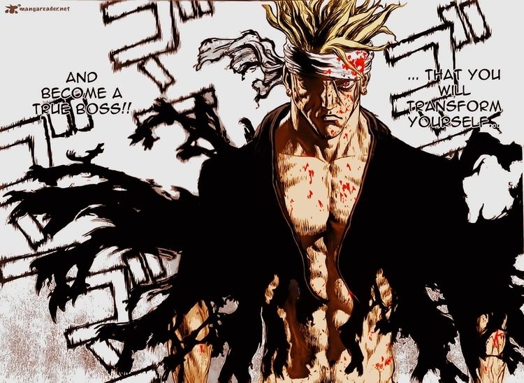 Sun-Ken Rock, a Japanese manga series written and illustrated by Boichi. Ken is with an angry face, with blonde hair, with a bloody white cloth on his forehead, and wearing a ripped black shirt.