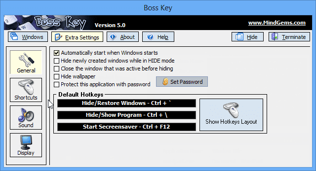 Boss key Hide windows with Boss Key Hide windows Hide desktop tray icons