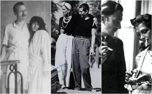 On the left, Arthur Edward "Boy" Capel with Coco Chanel wearing white bathrobes. In the middle, Boy Capel smiling with Coco Chanel. Boy wearing a black shirt and gray pants while Coco wearing a pearl necklace, a black long sleeve top, and white pants. On the right, Boy Capel is smoking while looking at Coco Chanel smoking. Boy Capel wearing a black coat while Coco with a ribbon on her head.