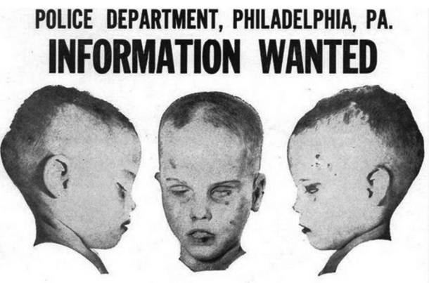 A flyer of a photograph of an unidentified boy, on left, is a boy, serious has black hair and a wound in his right eye. In the middle, a boy is serious and has black hair and wounds on his forehead (right), wounds on his left cheek, lower eye, and lips. On right is a boy, who has wounds on his left eye and forehead. It has the information wanted, Police Department, Philadelphia, PA.