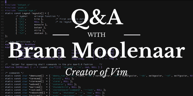 A PowerPoint slide saying "Q&A with Bram Moolenaar, creator of Vim"