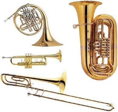 A chart showing different kinds of Brass instrument- French Horn, Trumpet, Trombone, and Tuba