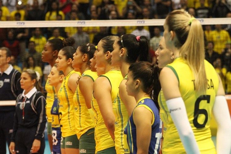 Brazil women's national volleyball team standing together in the volleyball court