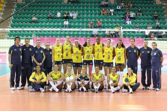 Brazil women's national volleyball team wearing their yellow jersey with men wearing shirt