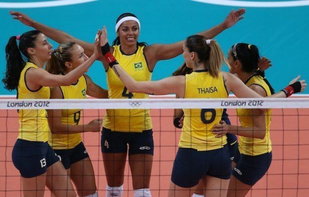 Brazil women's national volleyball team enjoying playing volleyball inside the volleyball court
