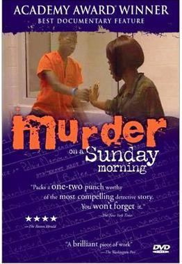 Brenton Butler reaching the hand of the woman. Brenton is wearing eyeglasses, an orange prisoner uniform, and a blue bracelet while the woman is wearing a black blouse on the DVD cover art of Murder on a Sunday Morning