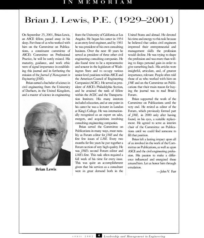 Brian J. Lewis Brian J Lewis PE 19292001 Leadership and Management in