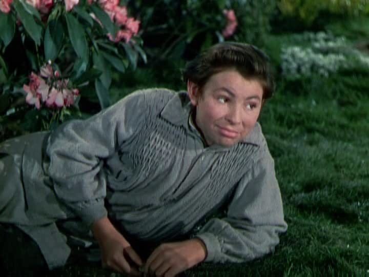 Brian Roper smiling while lying on the grass with plants in the background in a scene from the 1949 film "The Secret Garden" and wearing a gray long sleeve shirt