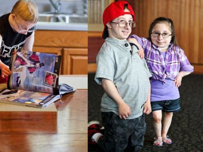 On the left, Brad Jordan is looking at a magazine on a table, with blonde hair, wearing eyeglasses, and a black and white shirt. On the right, Bridgette and Brad Jordan are smiling. Bridgette is wearing eyeglasses, wearing a purple checkered top, a purple shirt, blue shorts, and a pair of sandals while Brad is wearing eyeglasses, a red cap & shoes,a gray polo shirt, and black pants.