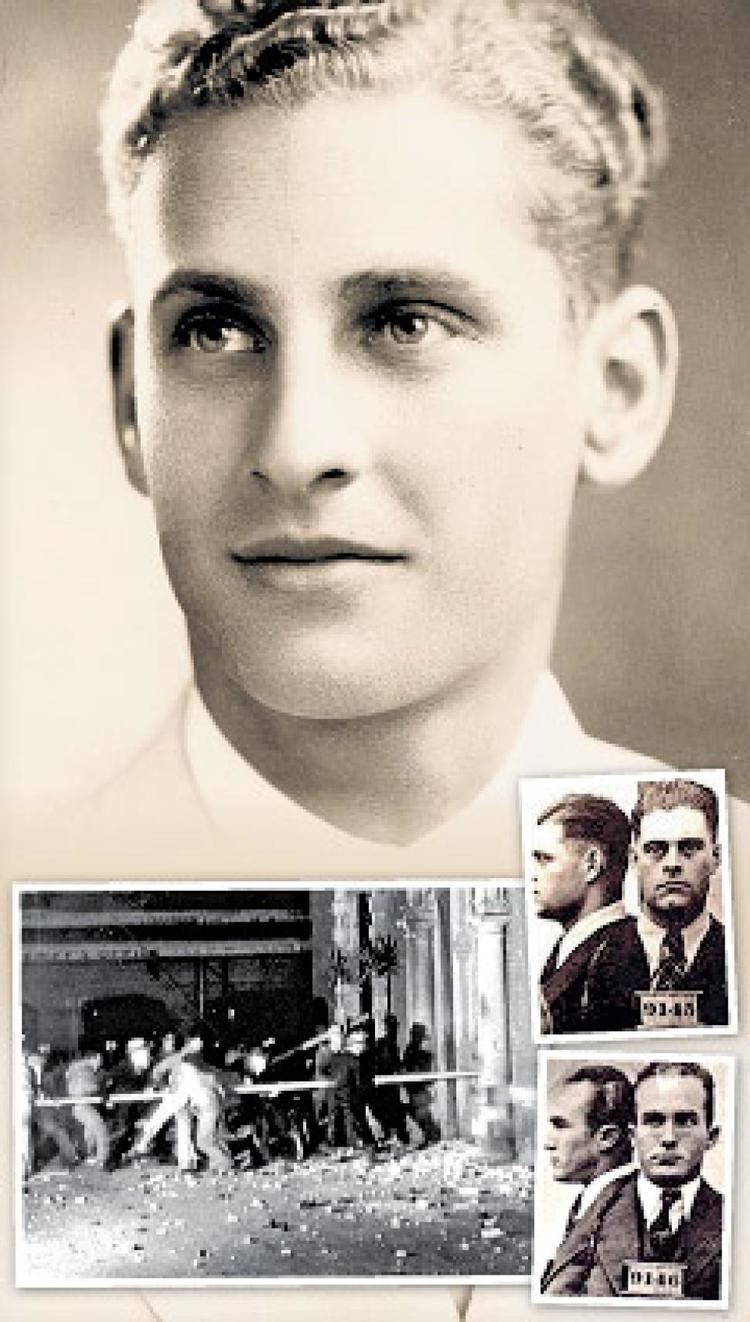 On the top, is Brooke Hart with a tight-lipped smile, curly blonde hair, and wearing a white coat over white long sleeves.Bottom left, a lynch mob taking a battering ram to the doors of the San Jose jail where they lynched the killers of Brooke Hart.Bottom right, John Holmes and Thomas Thurmond with serious faces, the killers of Brooke Hart. Both are wearing black coats over white long sleeves and black neckties.