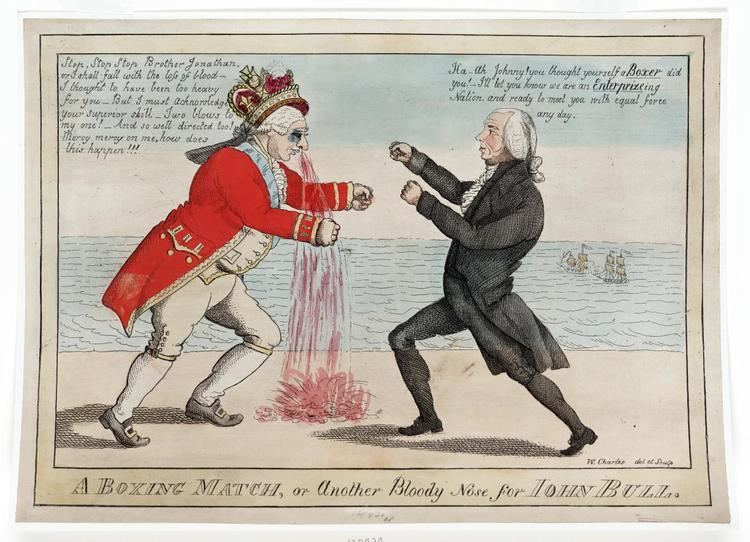 Brother Jonathan Cartoon showing Brother Jonathan depicted by James Madison blooding