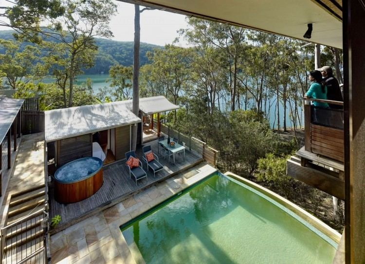 The exterior view of the Treetop house from the inside designed by Bruce Rickard located in Cottage Point, a small suburb of Sydney, Australia