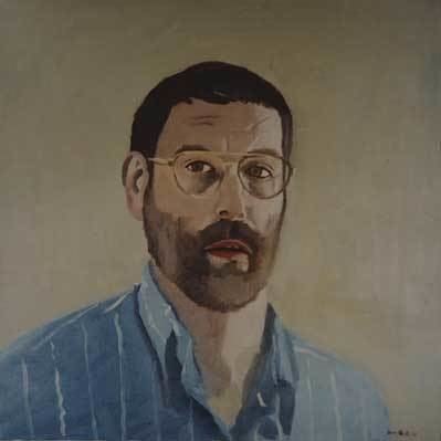 Self-portrait of the schizophrenic artist Bryan Charnley wearing eyeglasses and blue striped long sleeves