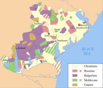 Ethnic Division of Budjak with yellow representing Ukrainians, red for Russians, purple for Bulgarians, brown for Gagauz, and green and the dark dots indicating Moldovan populated villages, according to the Ukrainian census