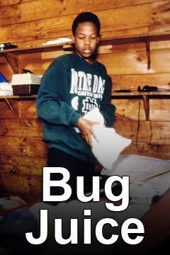 A young boy holding a cloth inside of a room, he has black hair and wearing a long sleeve jacket and pants with a “BUG JUICE” name on the photograph, a cover photo of the 1998 Bug Juice TV series
