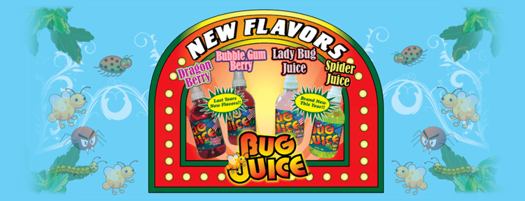 Children’s Drink, Bug Juice cover photo of their new flavors (left to right): Dragon Berry and Bubble Gum Berry are Last Years New Flavors but Lady Bug Juice and Spider Juice are Brand New This Year, with a spider, ladybug, caterpillar, and a fly on its background