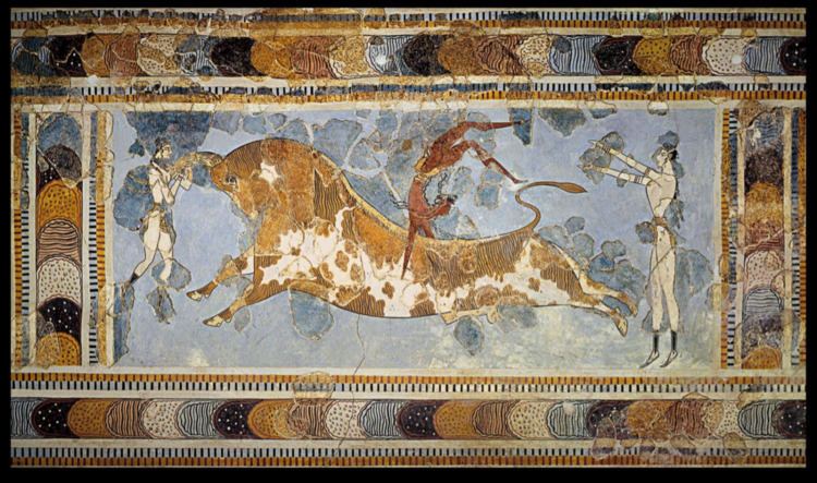 Bull-leaping Unknown Bullleaping ca 14501400 BC Fresco Late Minoan art