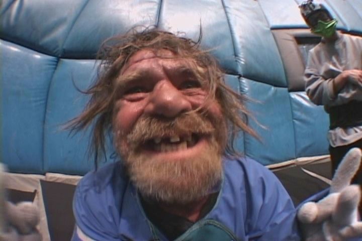 Rufus Hannah a former Bumfights Star, wearing a blue shirt