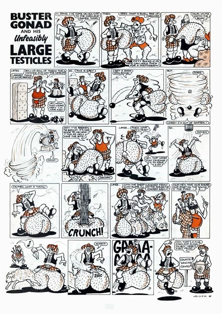 Buster Gonad and his unfeasibly large testicles comic strip