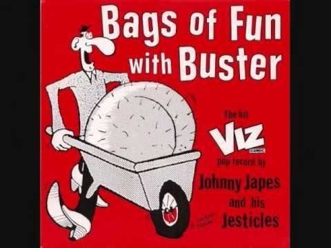 A cover page of the comic book Buster Gonad carrying his large testicles on a cart