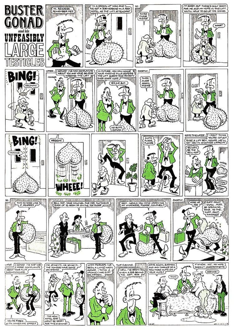 Buster Gonad and his unfeasibly large testicles comic strip