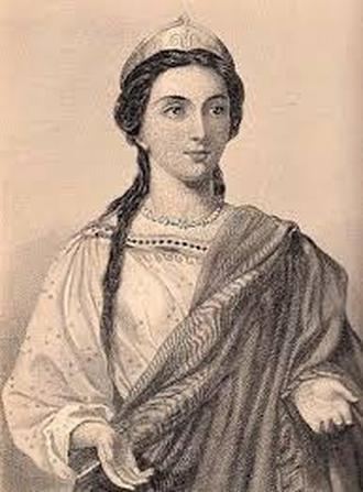 Portrait of Calpurnia with braided hair and her hands open while wearing a crown, long sleeve dress, scarf, and necklace