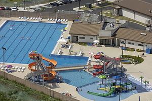 Aerial view of Camp Humphreys with swimming pool and slides in South Korea.