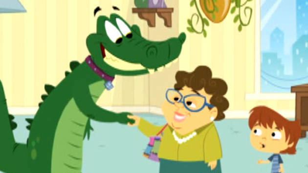 Can You Teach My Alligator Manners? Alligator shaking hands with a woman | children's television scene