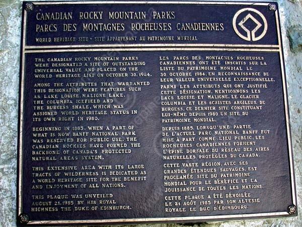 Canadian Rocky Mountain Parks World Heritage Site CANADIAN ROCKY MOUNTAIN PARKS PLAQUE ABOUT WORLD HERITAGE SITE LAKE