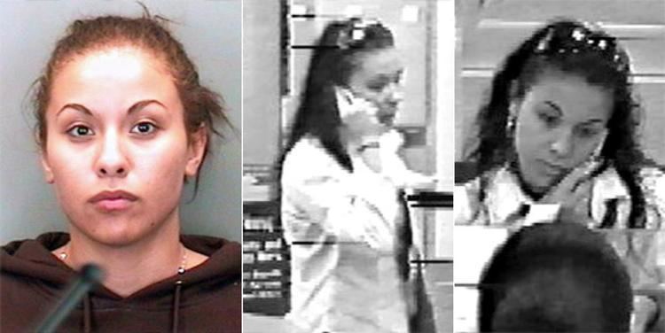 On the left, Candice Rose Martinez wearing a brown hooded sweatshirt while on the right, she is holding a cellphone while entering the bank