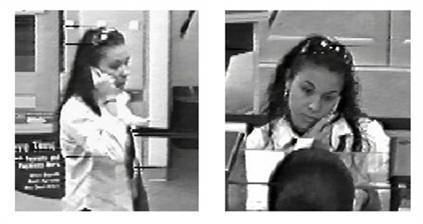 A video image from the police where Candice Rose Martinez holding a cellphone upon entering the bank and talking to a bank teller