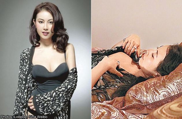 On the left, Candy Yuen wearing a black and white blazer and black bodysuit while on the right, Candy Yuen lying on the bed