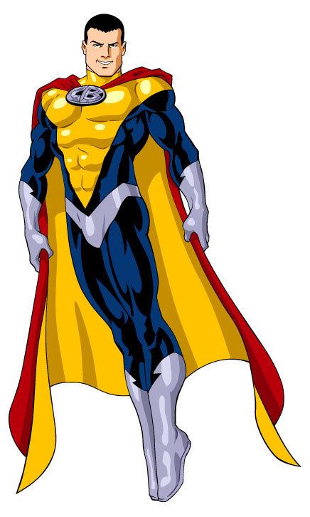 A drawing of the character Captain Barbell with his other yellow and blue suit with red cape.