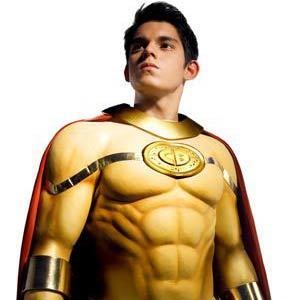 Richard Gutierrez as Captain Barbell with the trademark yellow superhero suit and red cape.