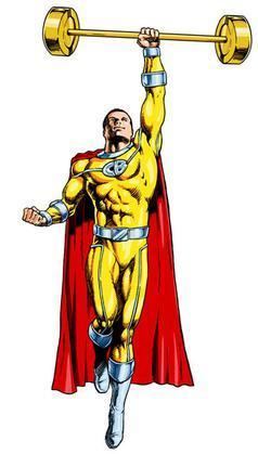 A drawing of the character Captain Barbell holding his trademark barbell and yellow suit with red cape.