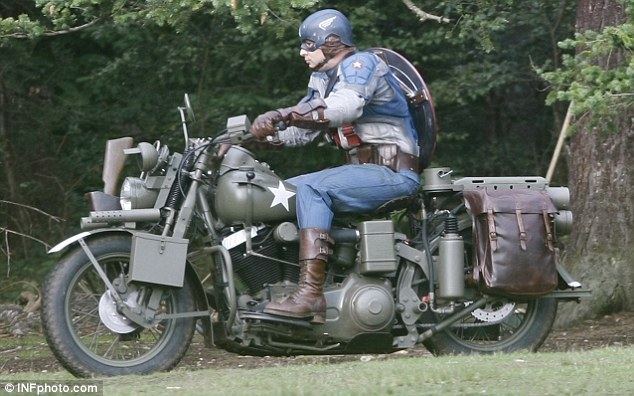 Captain India movie scenes Hero on a bike Scenes were being shot today in a leafy London location for the forthcoming movie Captain America The First Avenger seen here a stunt 